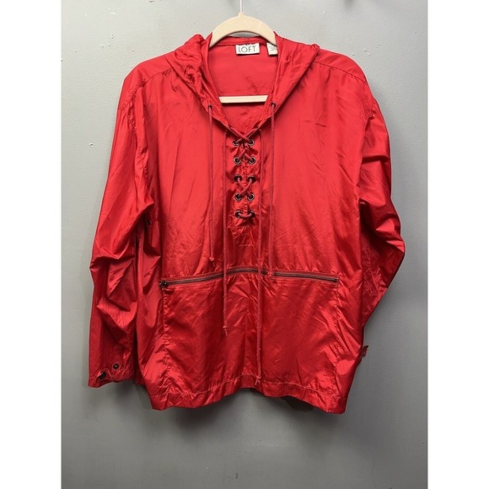 Ann Taylor LOFT Red Nylon Lace Up Hooded Windbreaker Pullover Womens XS